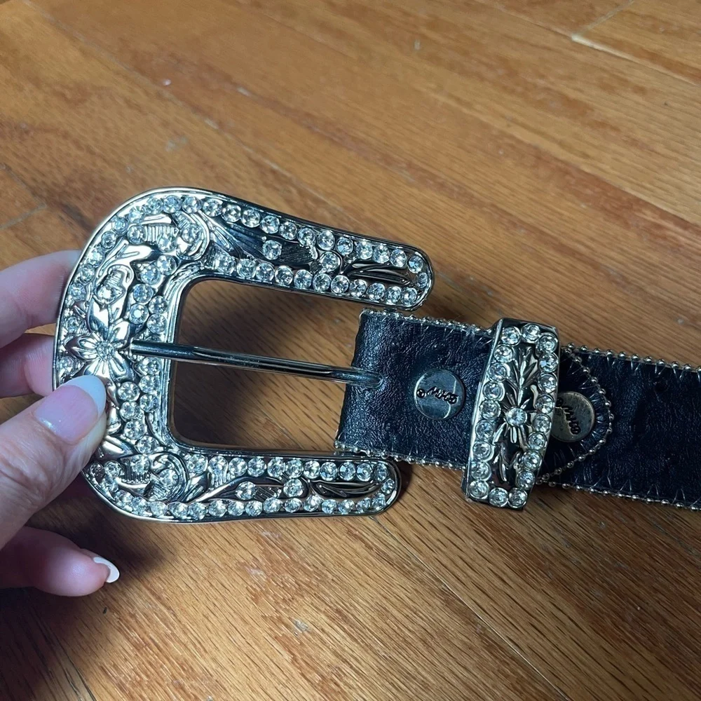 BHW Rhinestone Studded Western Black Leather Belt Size Small